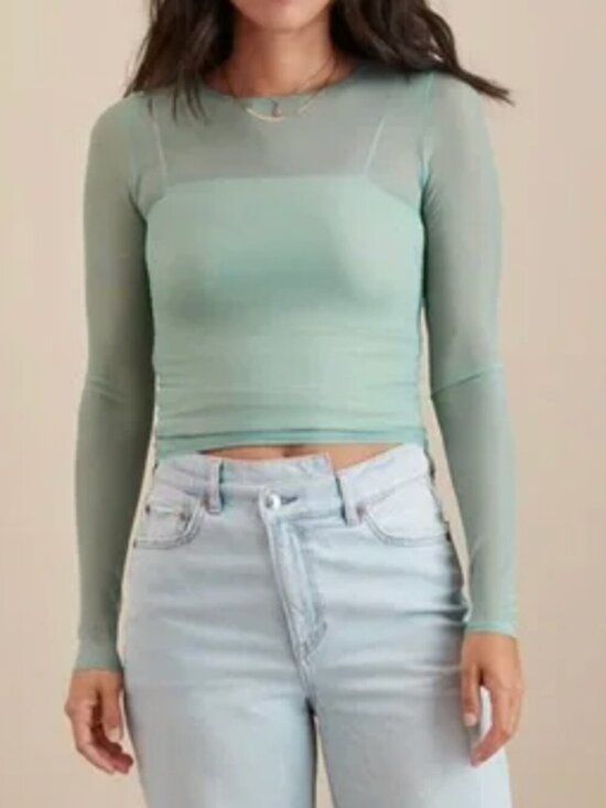 American Eagle Outfitters Tops - NWOT American Eagle Mini Mesh Long-Sleeve Tee Green Rush Sz S